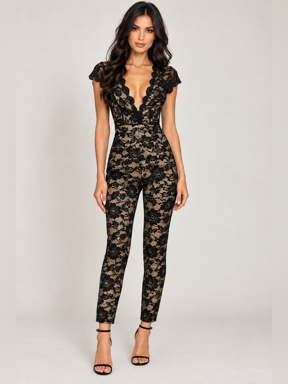 Shinestar Black Floral Lace & Nude Lined Deep V Jumpsuit